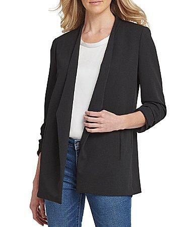 DKNY by Donna Karan Scuba Crepe Ruched 34 Ruched Sleeve Open Front Jacket Product Image