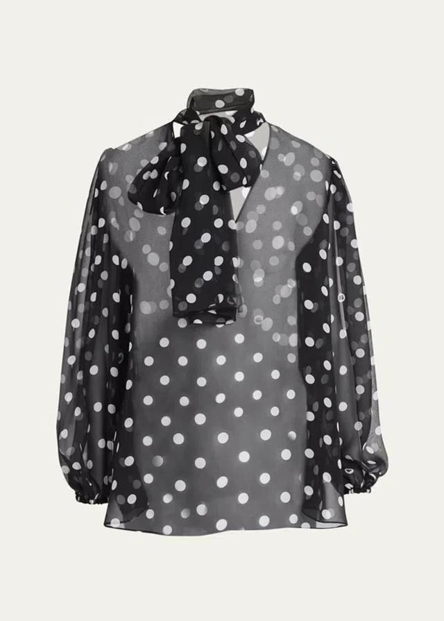 DOLCE & GABBANA Polka Dot Chiffon Scarf-neck Blouse In Black,white Product Image