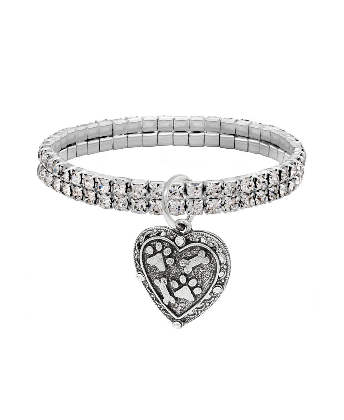 1928 Two Row Crystal Paw And Bones Heart Charm Stretch Bracelet, Womens, Silver Tone Product Image