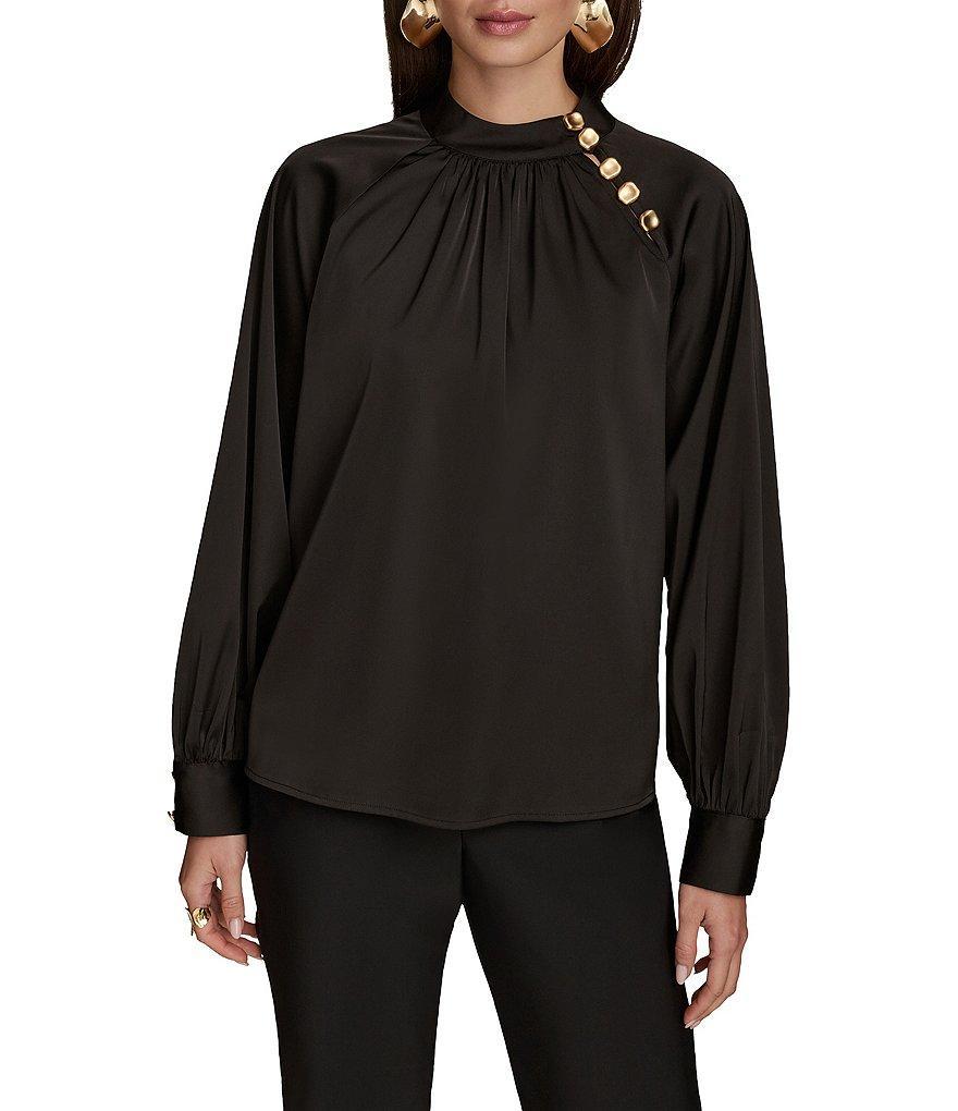 Donna Karan Stretch Satin Gold-Button Mock Neck Long Sleeve Top Product Image