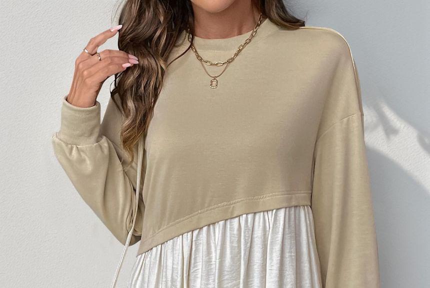 Long Sleeve Crew Neck Mock Two Piece Ruffle Hem Mini A-Line Dress Product Image