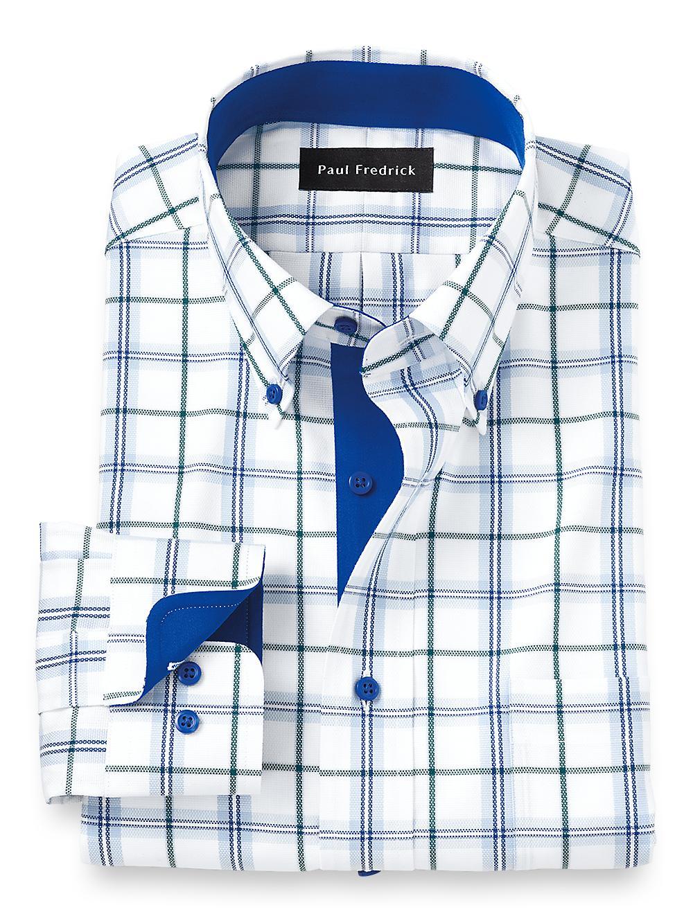 Slim Fit Non-iron Cotton Tattersall Dress Shirt With Contrast Trim Product Image