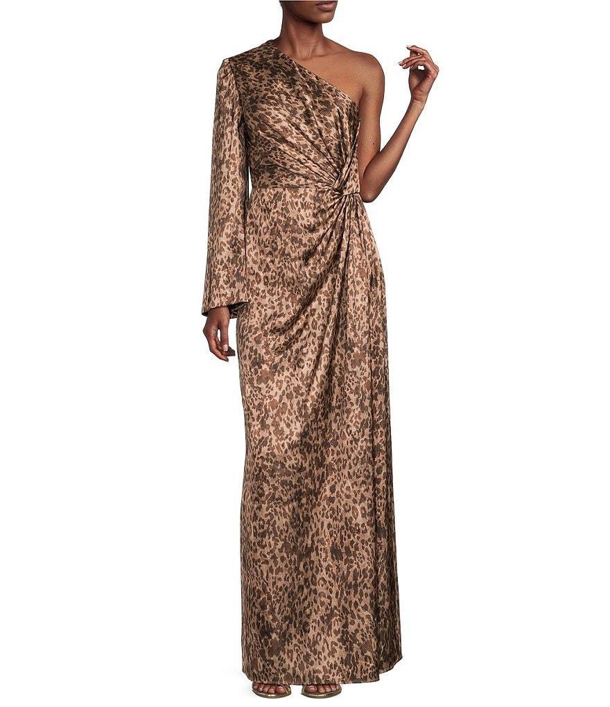 Muse by Marchesa Senna Leopard Print Silk Asymmetrical One Side Long Sleeve Twist Front Slip Maxi Dress Product Image