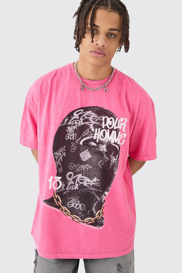 Mens Pink Oversized Mask Graphic T-shirt, Pink Product Image