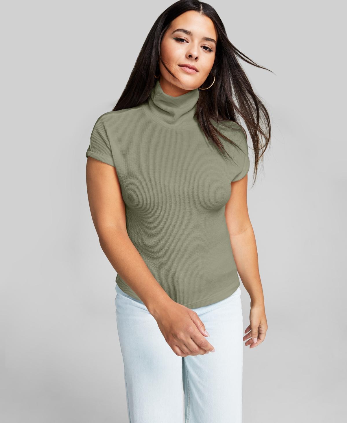 And Now This Womens Ribbed Cap-Sleeve Turtleneck Top Product Image