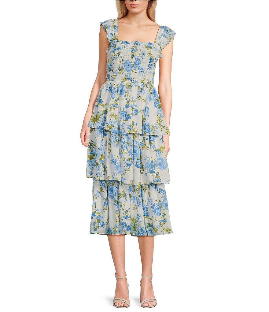 Blu Pepper Sleeveless Smoke Floral Tiered Ruffle Midi Dress Product Image