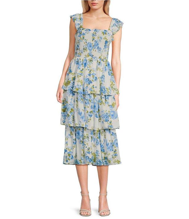 Blu Pepper Sleeveless Smoke Floral Tiered Ruffle Midi Dress Product Image