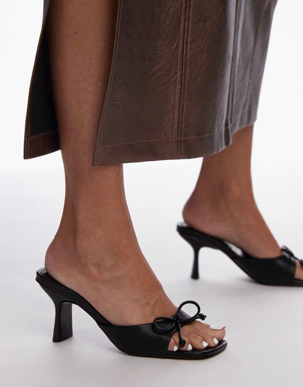 Topshop Gem heeled mules with bow in black Product Image