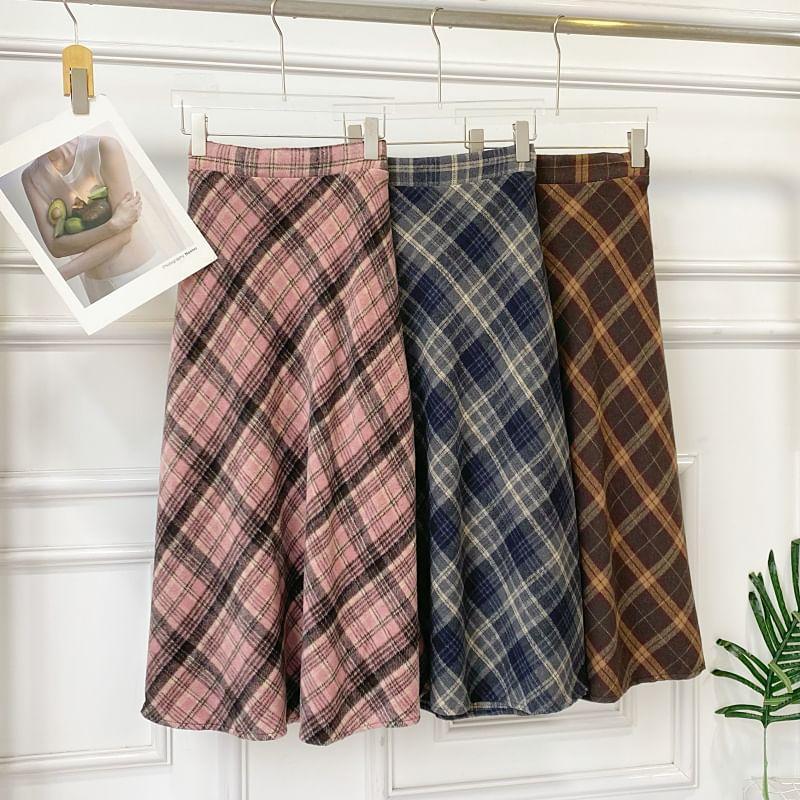 High Rise Plaid Midi A-Line Skirt Product Image