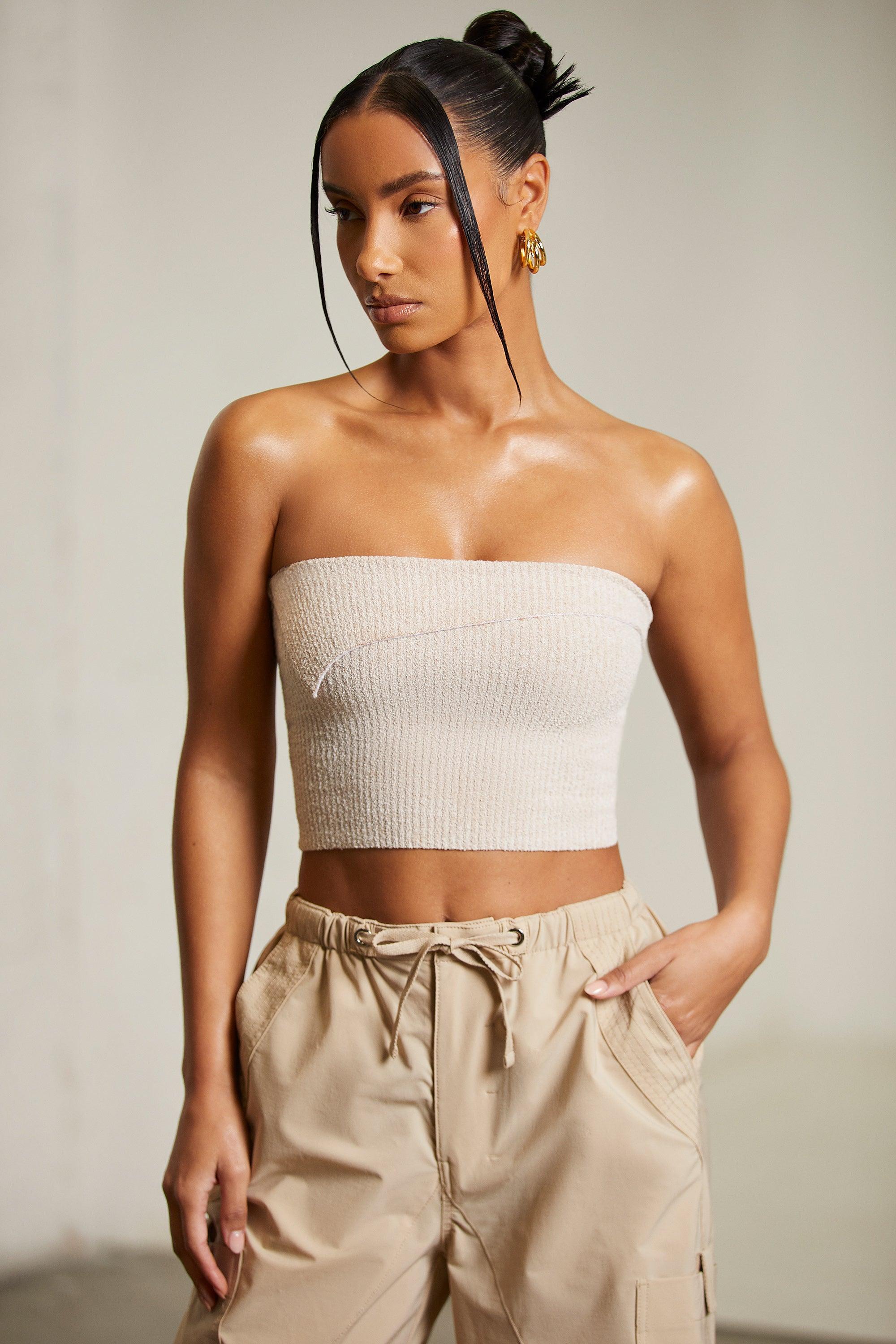 Overlap Bandeau Crop Top in Beige Product Image