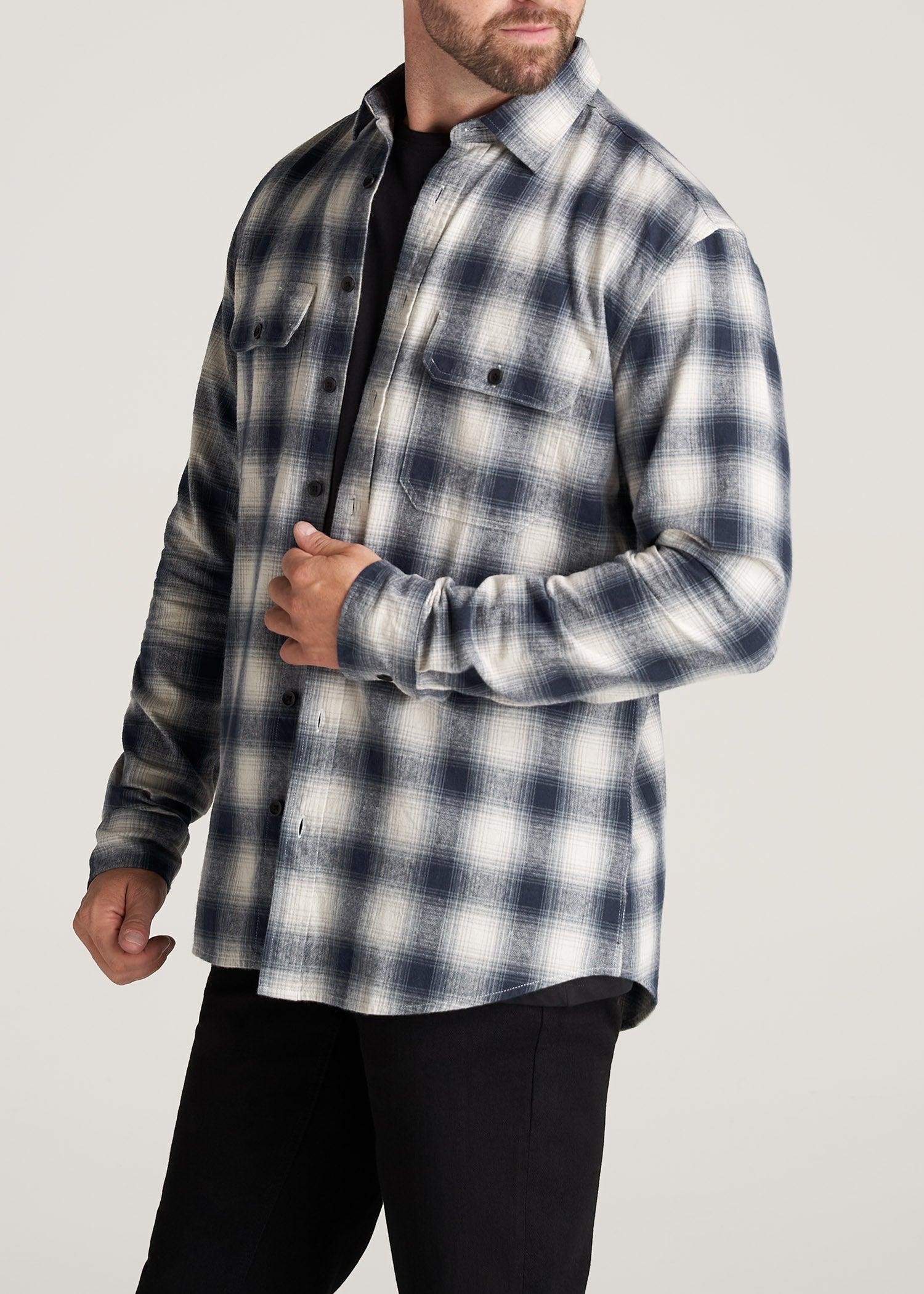 LJ&S Men's Tall Heavy Flannel Shirt in Weathered Navy & Ecru Plaid Product Image