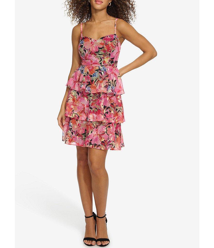 Siena Floral Print Sweetheart Neck Sleeveless Tiered Mini Dress Product Image