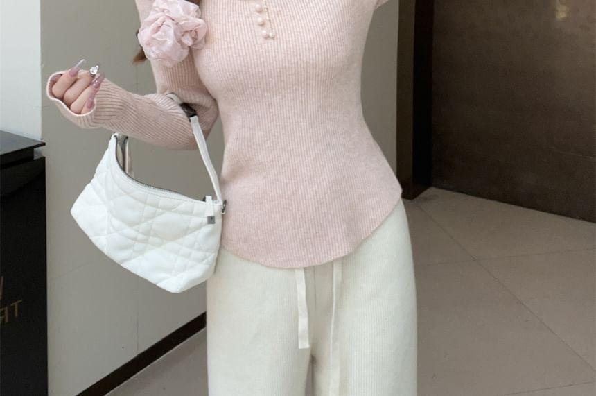 Long-Sleeve Round Neck Mock Two-Piece Lace Panel Bow Accent Slim Fit Knit Top Product Image