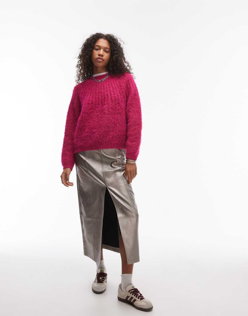 Topshop knitted super fluffy rib detail relaxed sweater in magenta Product Image