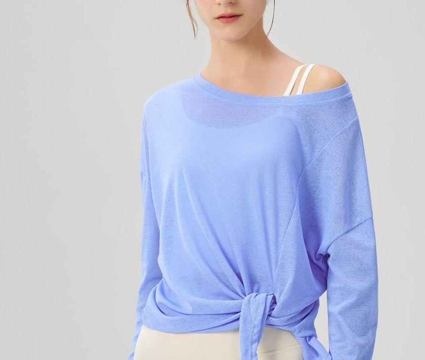 Cold Shoulder Long Sleeve Plain Tie Waist Sport T-Shirt Product Image