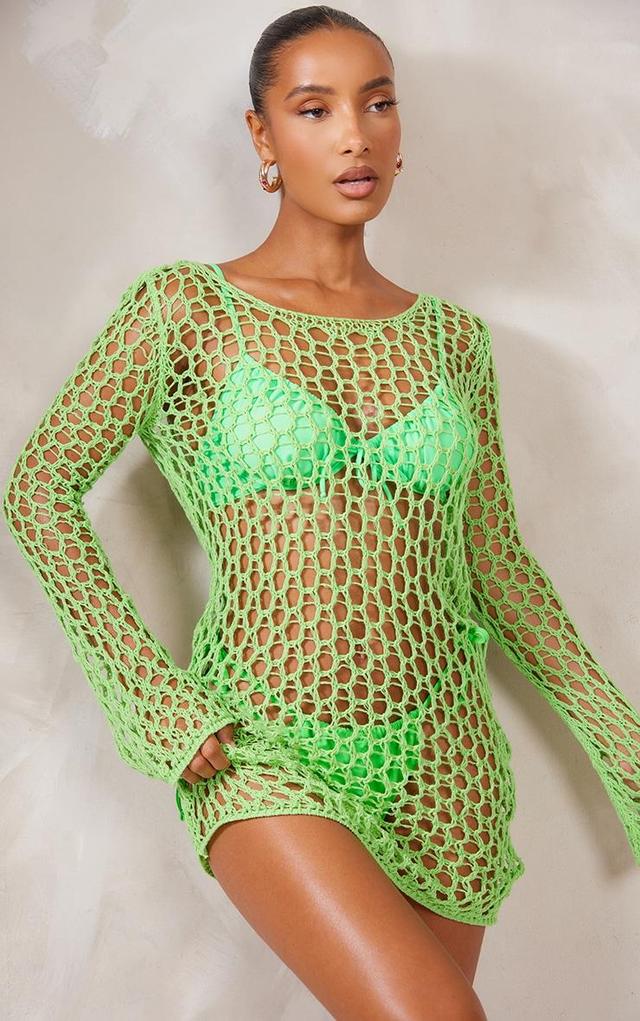 Lime Long Sleeve Crochet Floaty Mini Dress Product Image