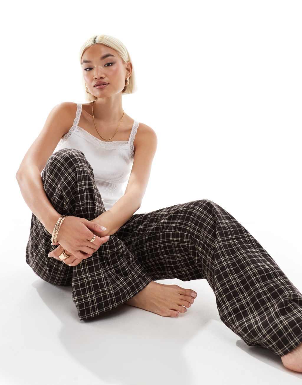 Monki pajama flannel pants in brown plaid Product Image