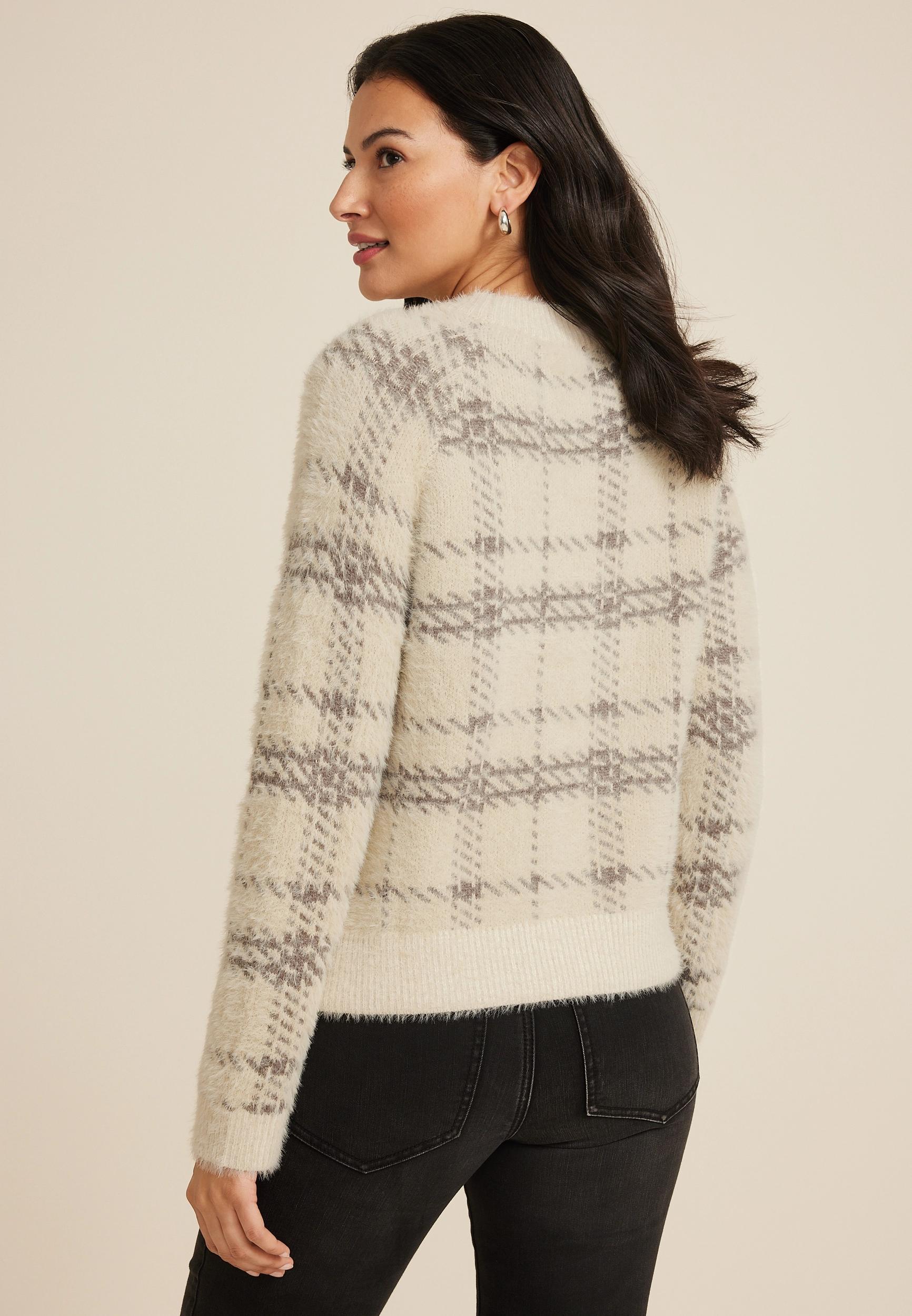 Fuzzy Plaid Knit Sweater Product Image