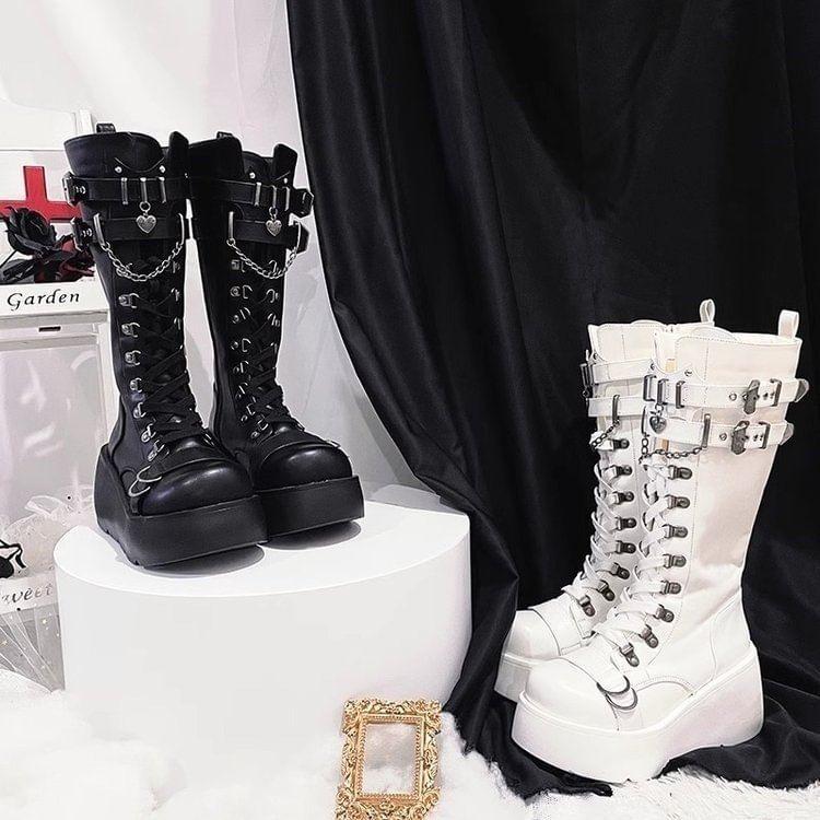 Platform Plain Lace Up Mid Calf Boots Product Image