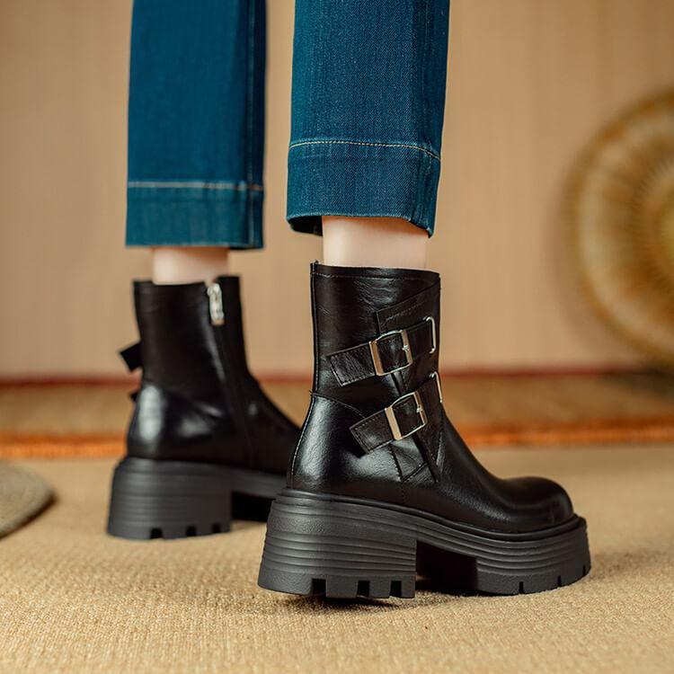 Platform Plain Buckled Zip-Up Genuine Leather Short Boots product image