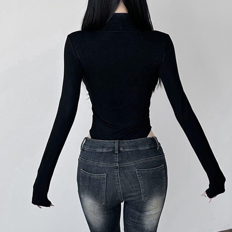 Long Sleeve Turtleneck Lace Trim Mesh Insert Bodysuit Top  Product Image