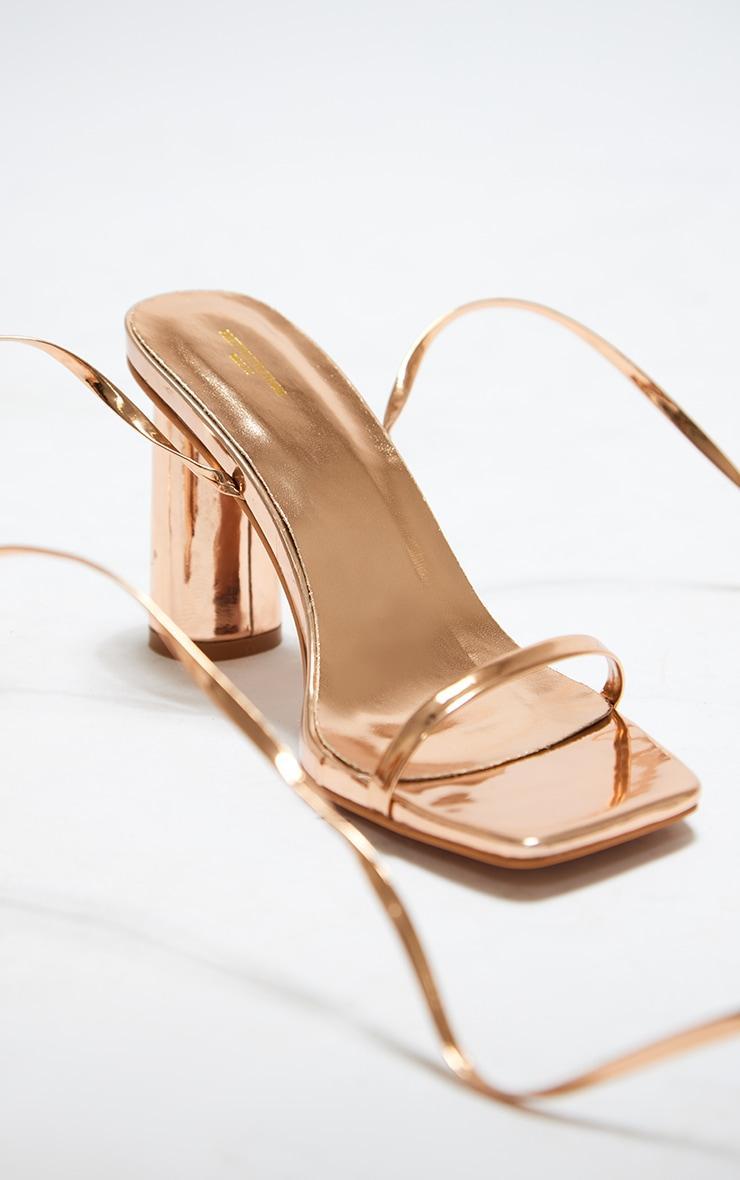 Rose Gold Wide Fit Metallic Pu Square Toe Lace Up High Round Heeled Sandals Product Image