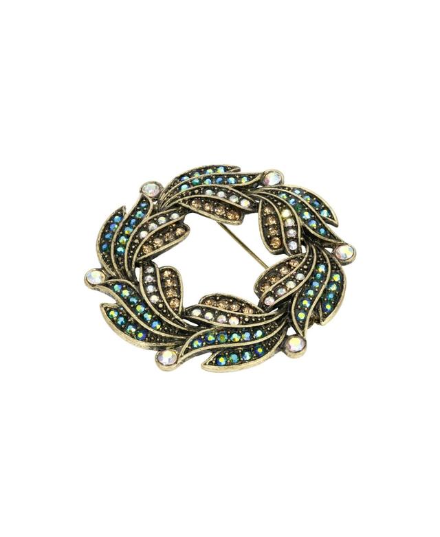 1928 Antiqued Gold Tone Multicolor Simulated Crystal Wreath Brooch, Womens Product Image