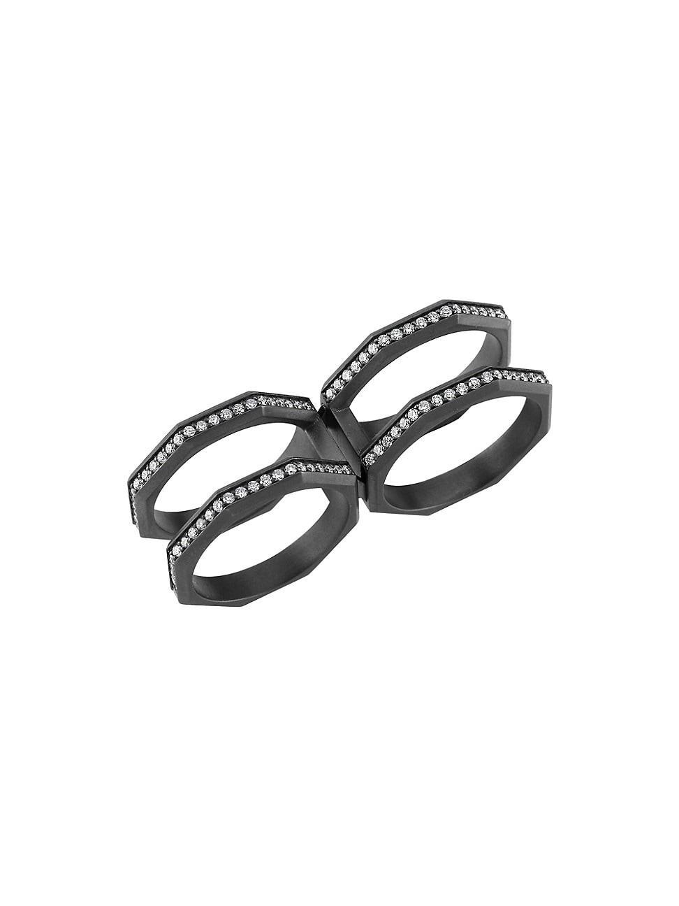 Womens Luminescence Black Rhodium-Plate & Diamond Hypernova Two-Finger Ring Product Image