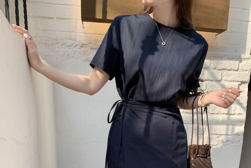 Short-Sleeve Round Neck Plain Asymmetrical Sashed Midi A-Line Dress Product Image