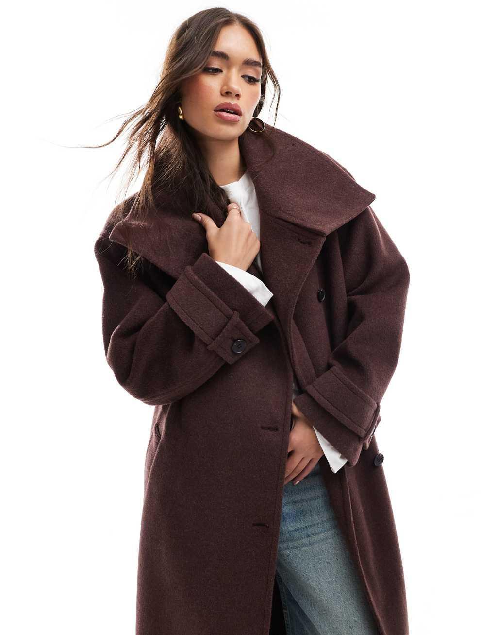 ASOS DESIGN funnel neck longline coat in chocolate Product Image