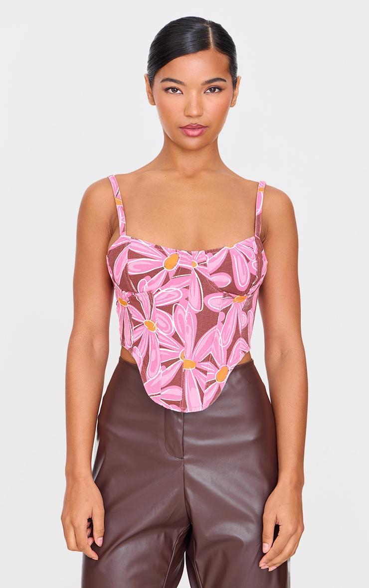 Pink Dipped Hem Flower Print Denim Corset Product Image