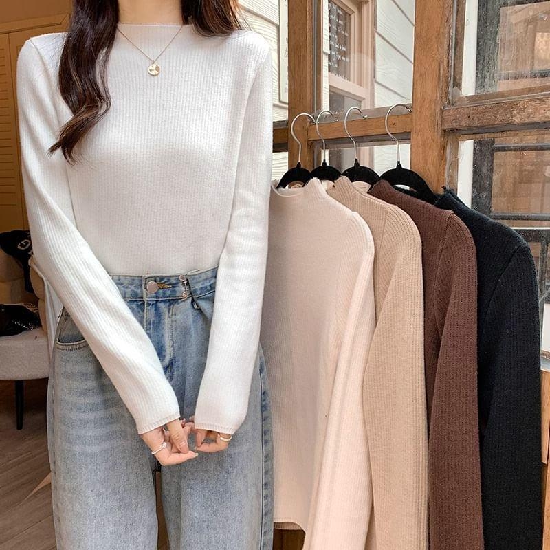 Long-Sleeve Mock Neck Fleece Lined Plain Knit Top Product Image