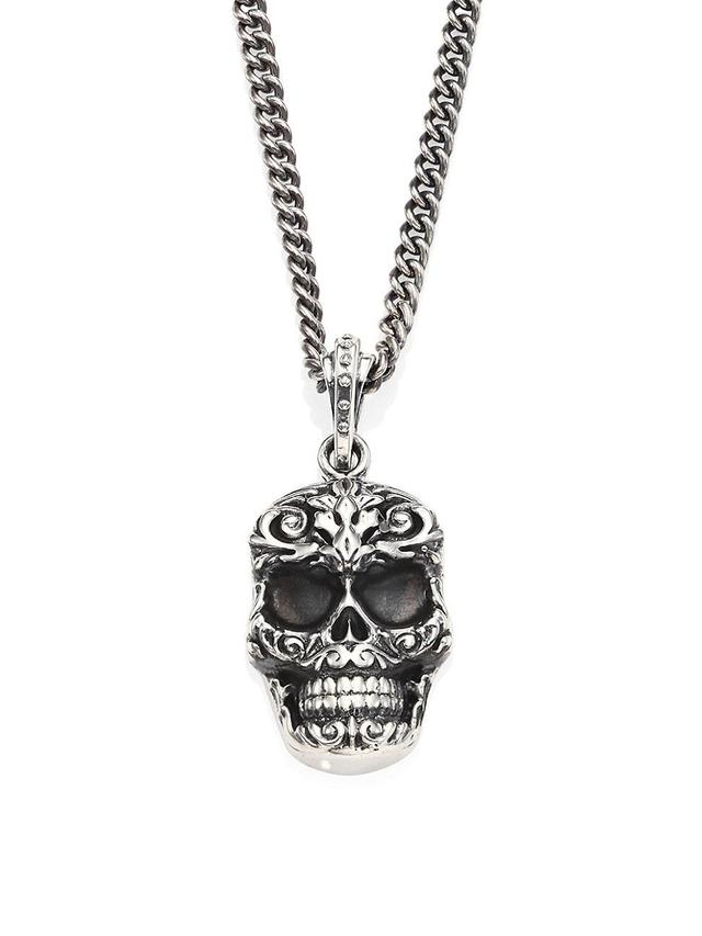 Mens Sterling Silver Carved Baroque Skull Pendant Necklace Product Image