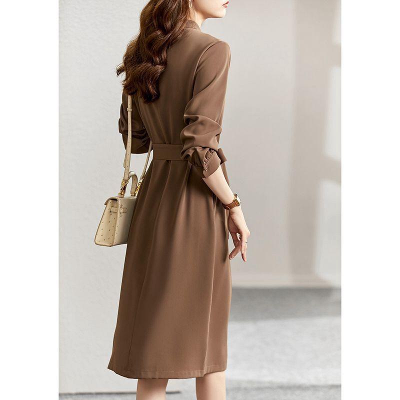 Long-Sleeve Round Neck Plain Sashed Midi A-Line Dress Product Image