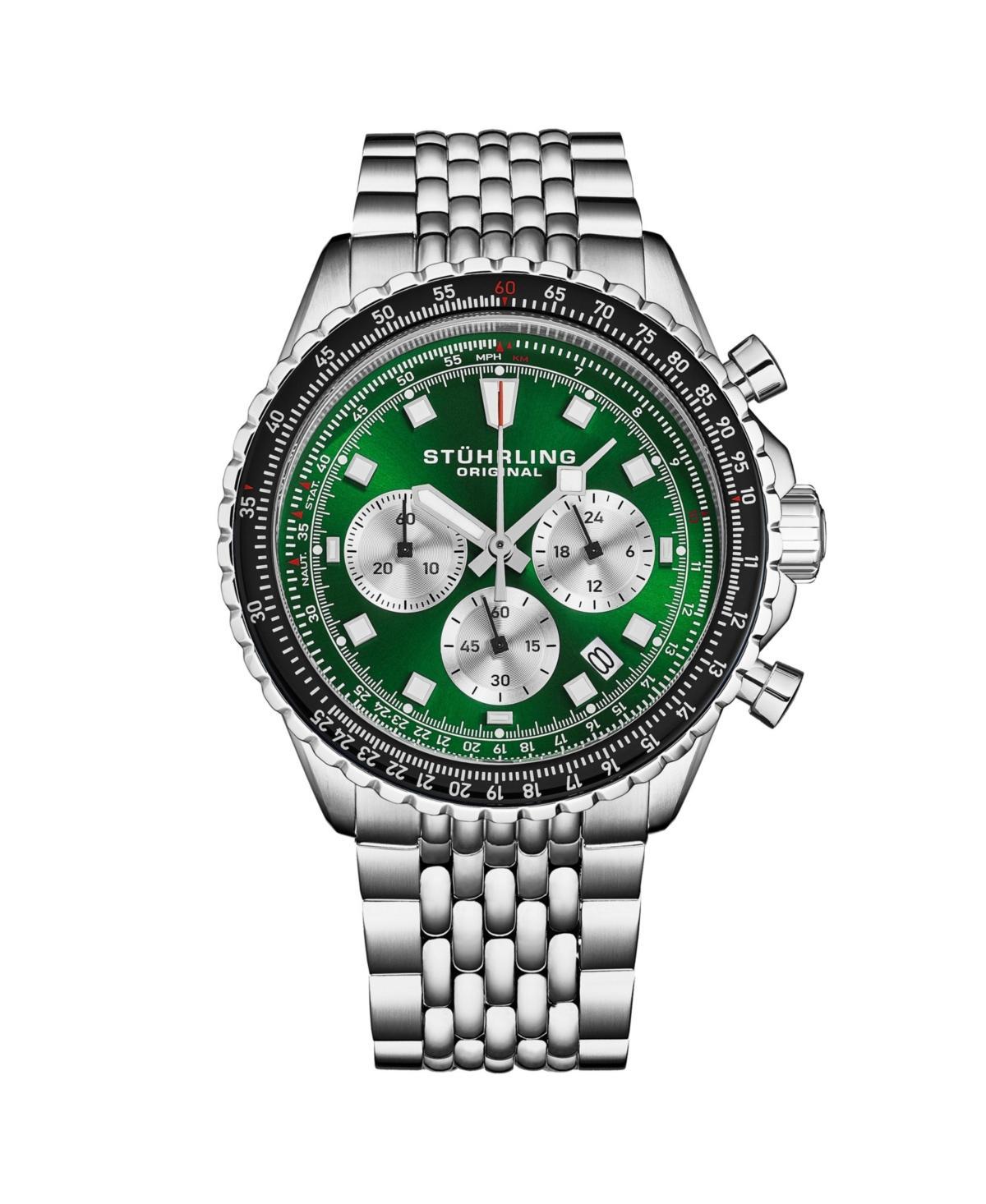 Mens Watch with Japan Chrono Movement, Silver Stainless Steel Case, Green DialRose Bezel Stainless Steel beaded bracelet - Black Product Image