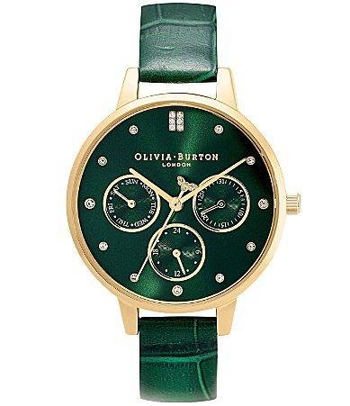 Olivia Burton Chronograph Stainless Steel Case Forest Green Leather Strap Watch - Green Product Image