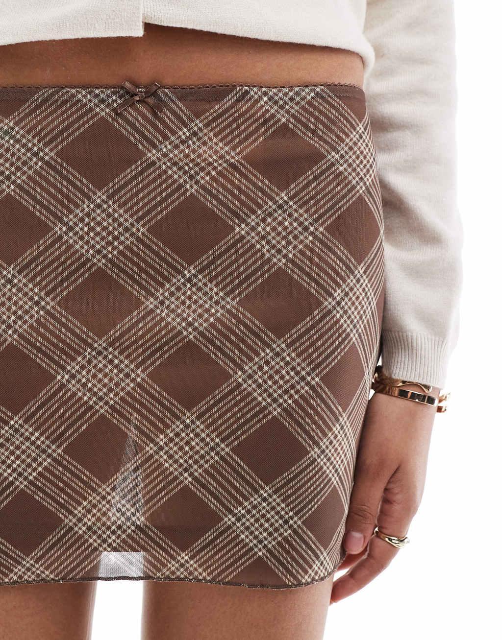 Pull&Bear mesh mini skirt in brown check Product Image