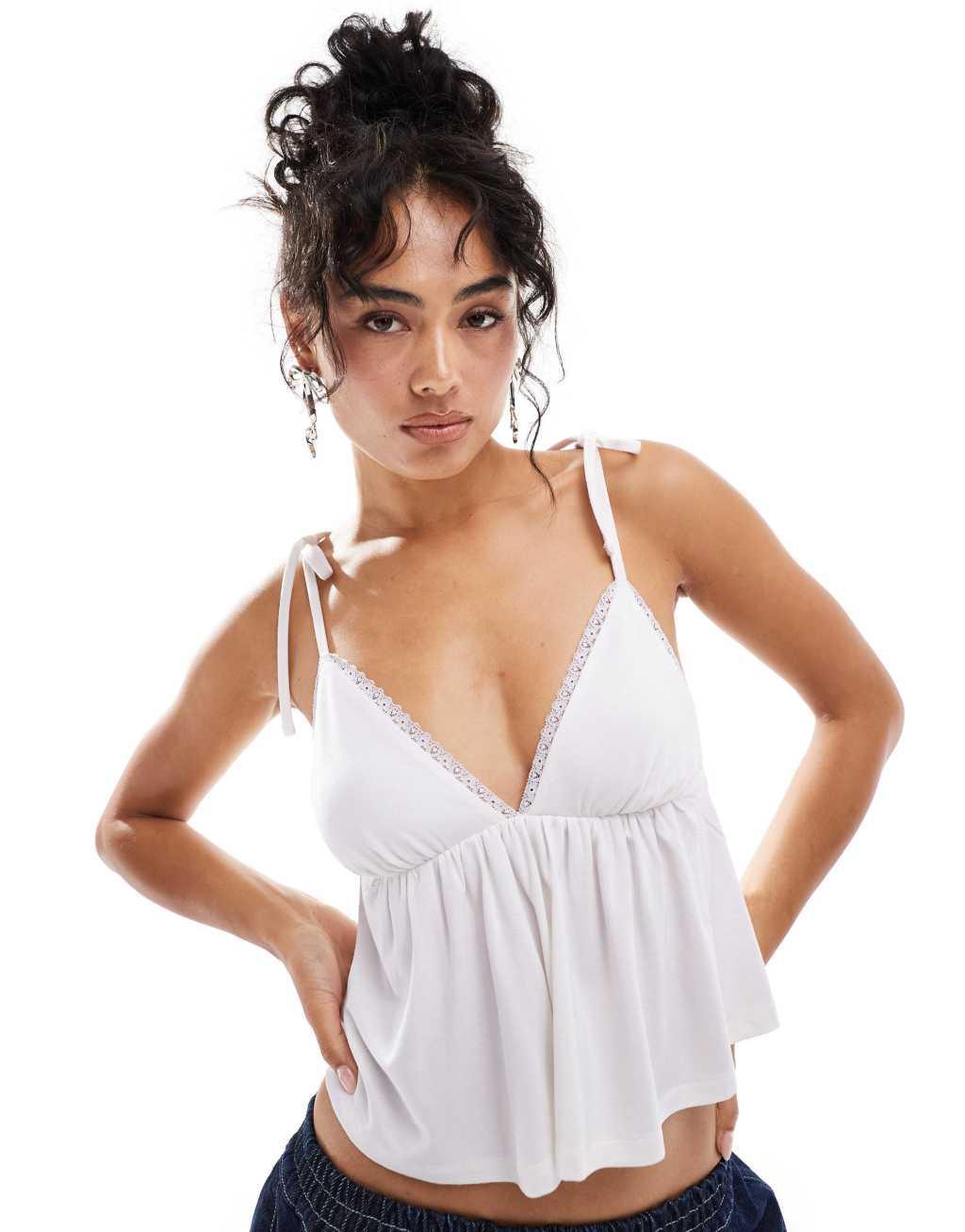 ASOS DESIGN cami babydoll top with tie straps in ivory Product Image