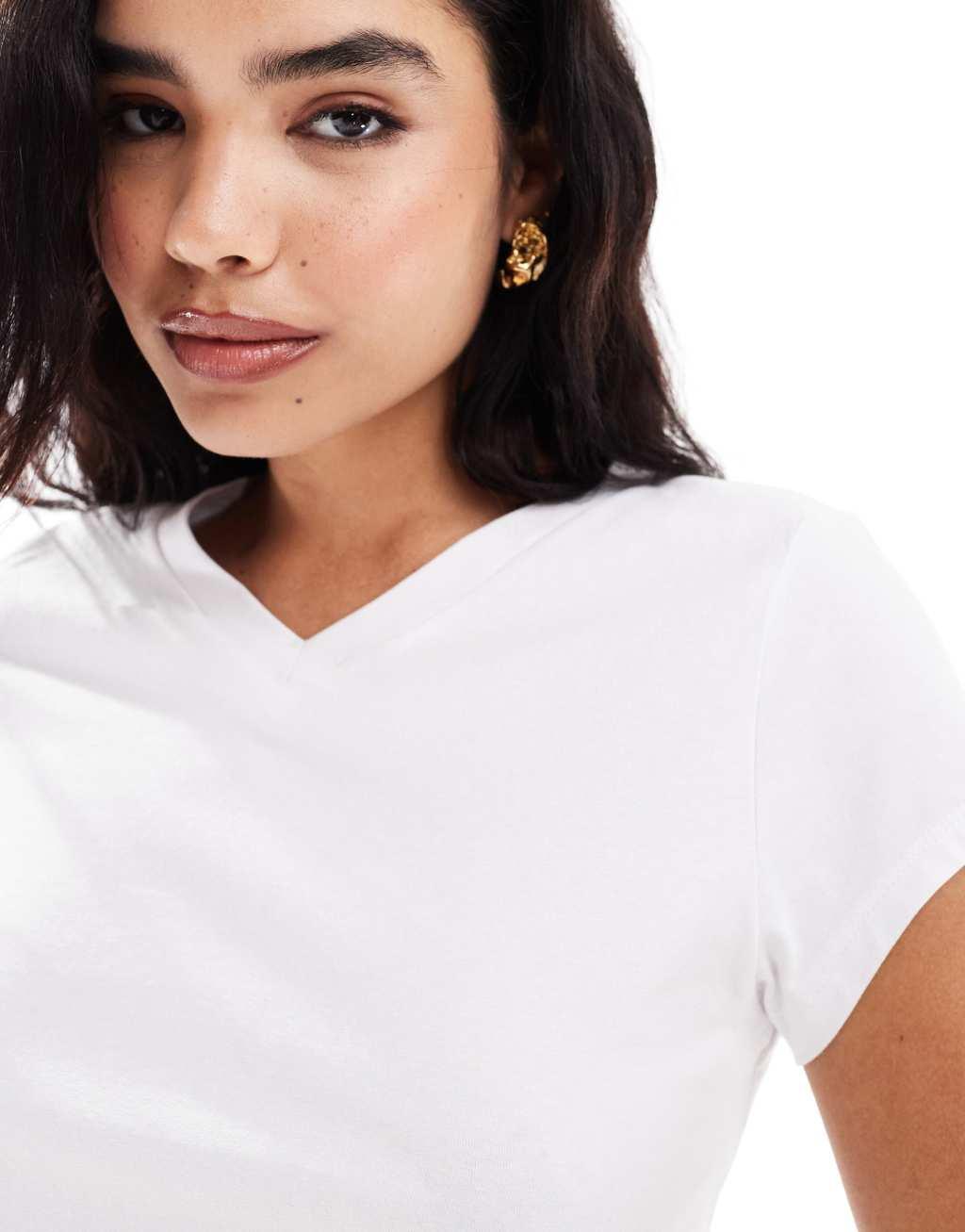 ASOS DESIGN v neck cap sleeve slim t-shirt in white Product Image