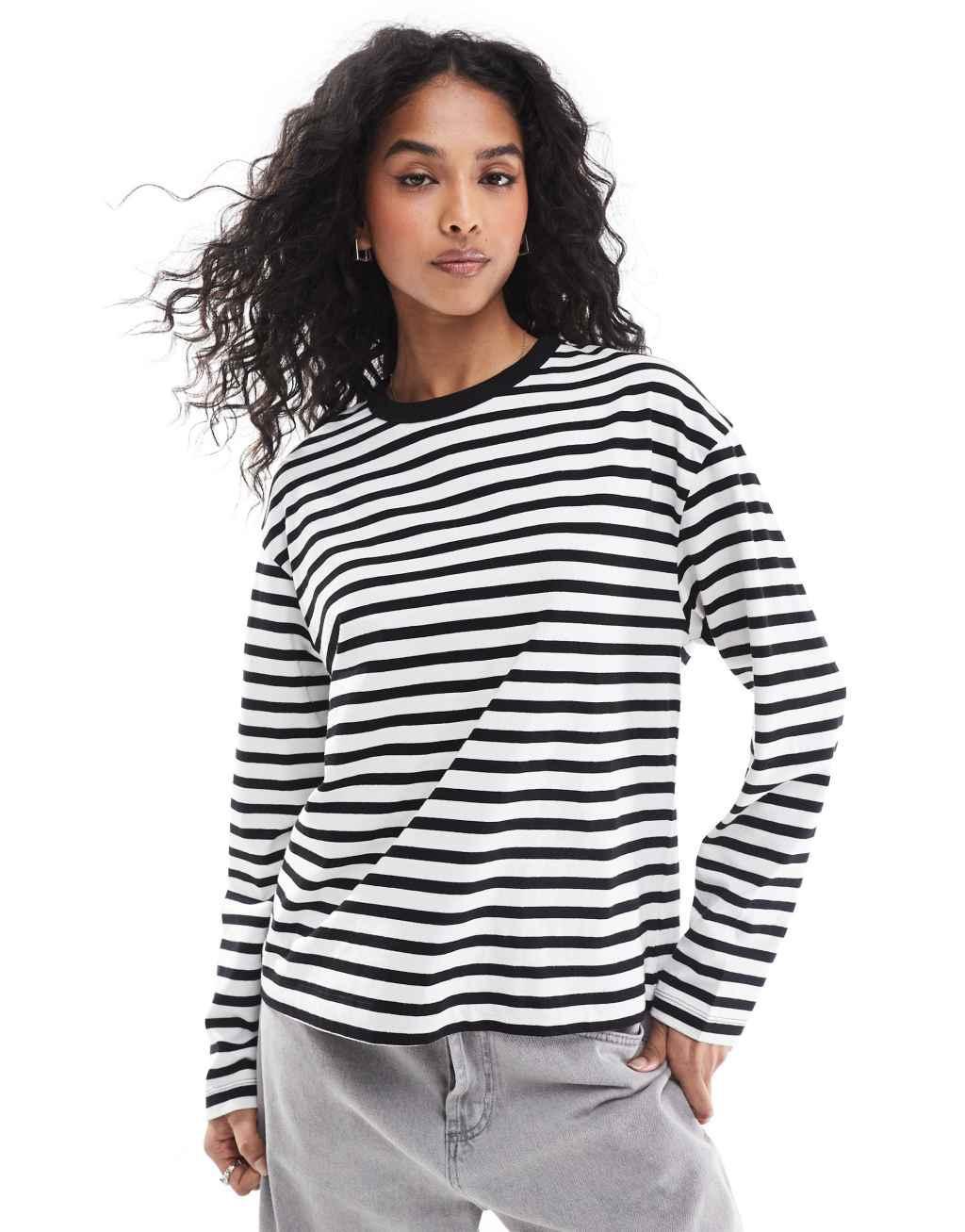 Pull&Bear long sleeve oversized t-shirt with stripe detail in ecru & black Product Image