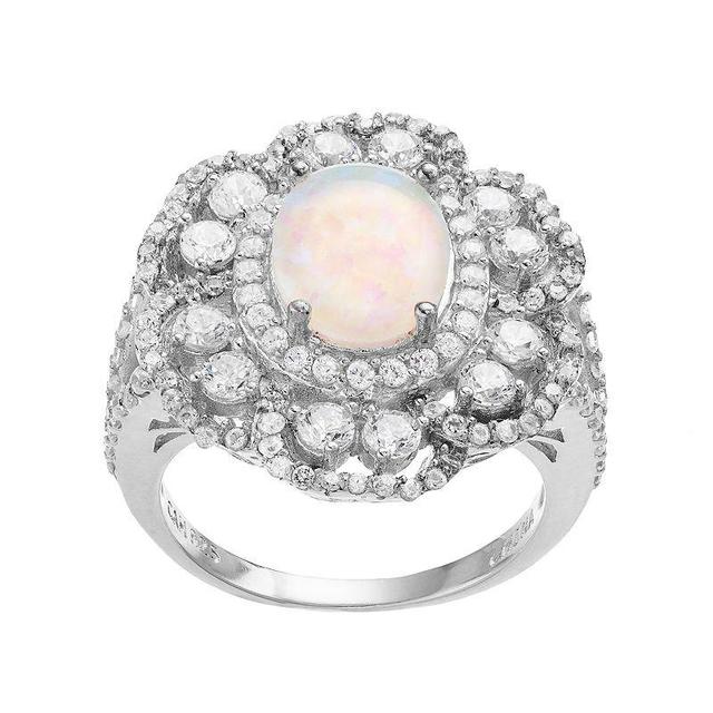 Sophie Miller Sterling Silver Lab-Created Opal & Cubic Zirconia Flower Ring, Womens White Product Image