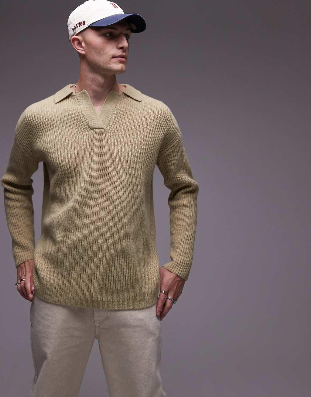 Topman premium relaxed fit lambs wool open collar sweater in khaki Product Image