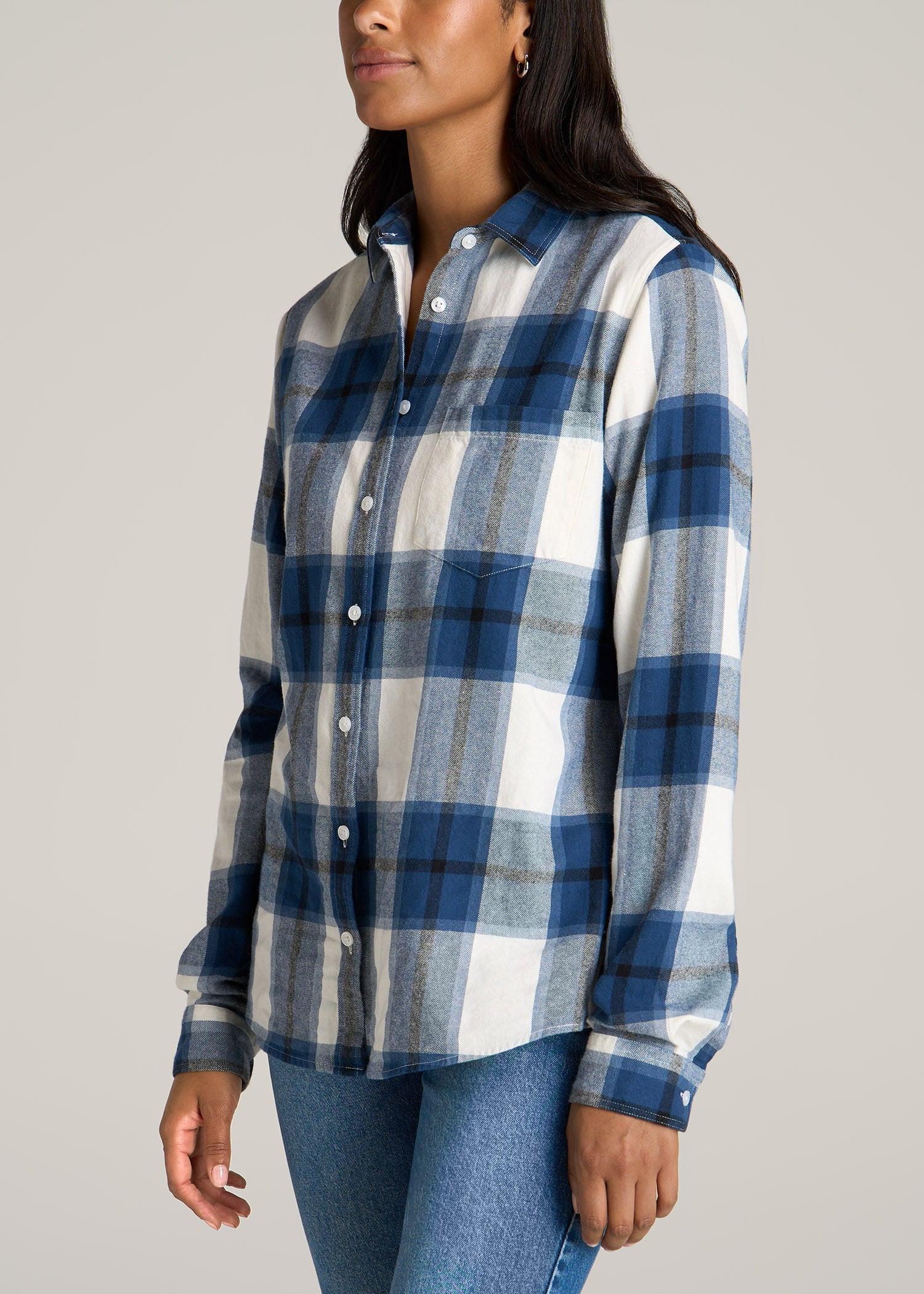 Flannel Button-Up Shirt for Tall Women in Ocean Blue and White Female Product Image