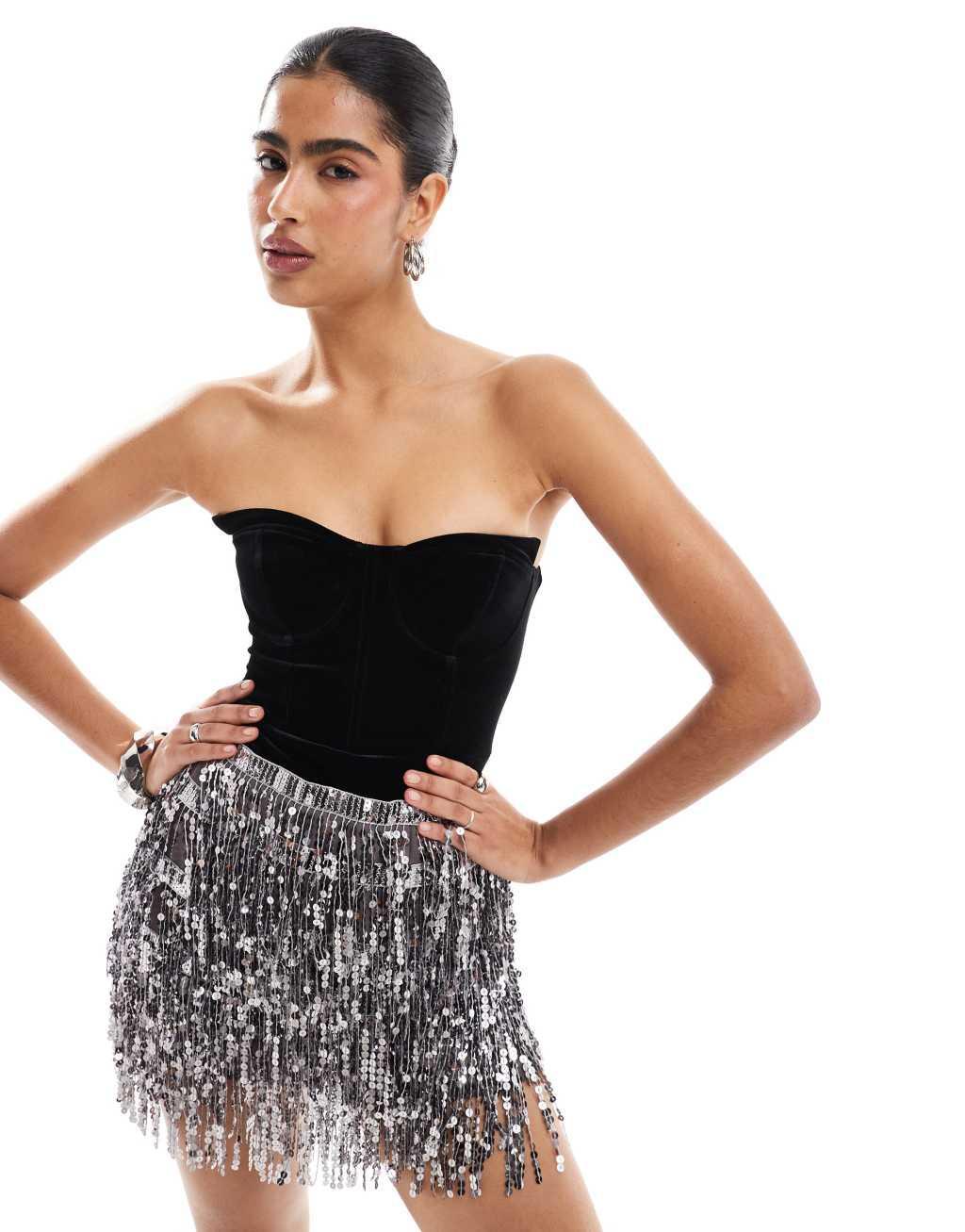 Bershka bandeau velvet bodysuit in black Product Image