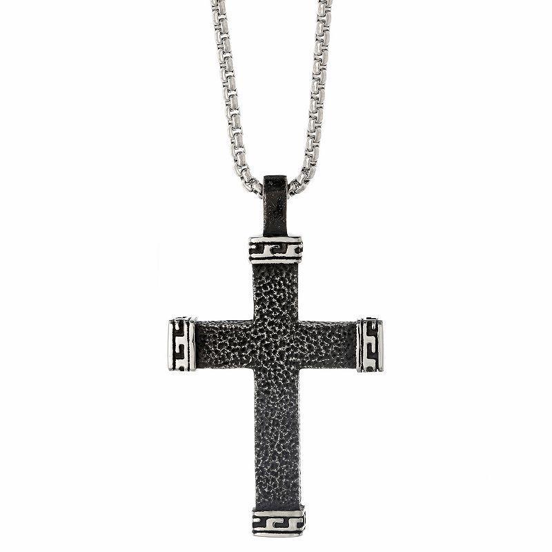 Mens LYNX Black Ion-Plated Stainless Steel Textured Cross Pendant Necklace Two Tone Product Image