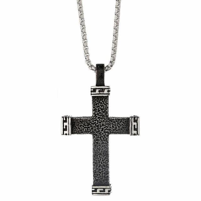 Mens LYNX Black Ion-Plated Stainless Steel Textured Cross Pendant Necklace Two Tone Product Image