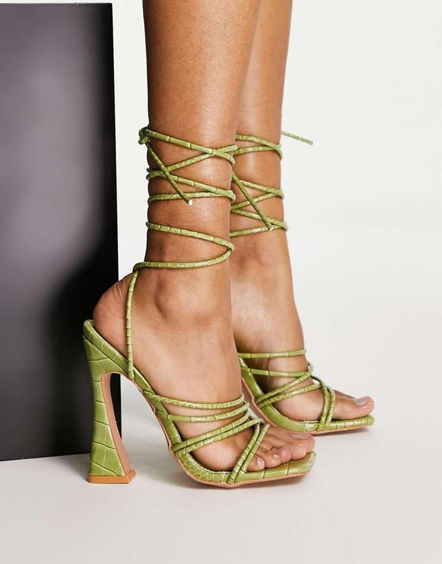 Public Desire Corbyn tie up heeled sandals in green croc Product Image