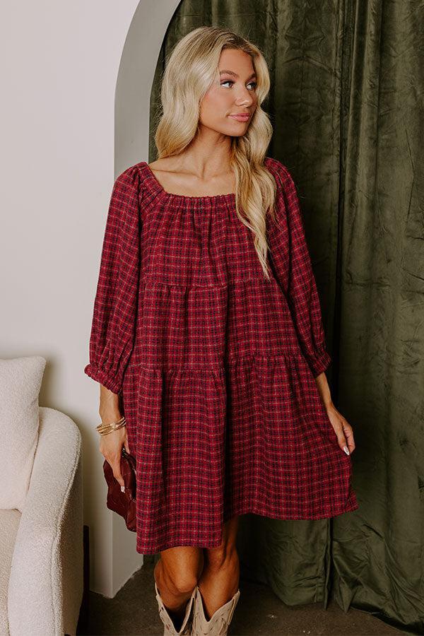 Pumpkin Spice Cutie Plaid Mini Dress in Wine Product Image