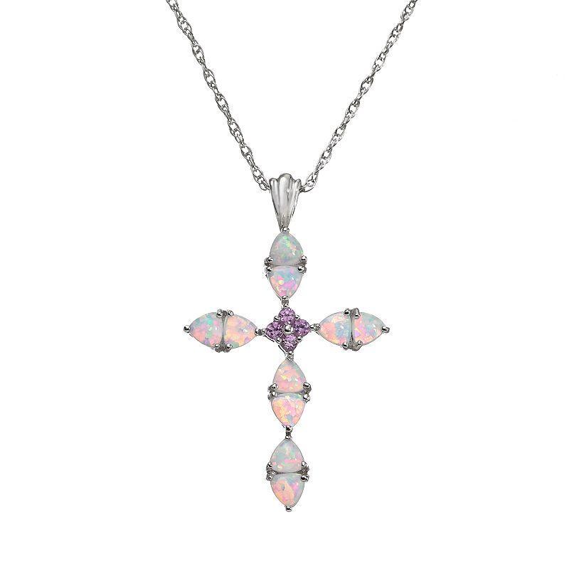 Lab-Created Opal & Lab-Created Pink Sapphire Sterling Silver Cross Pendant Necklace, Womens Product Image