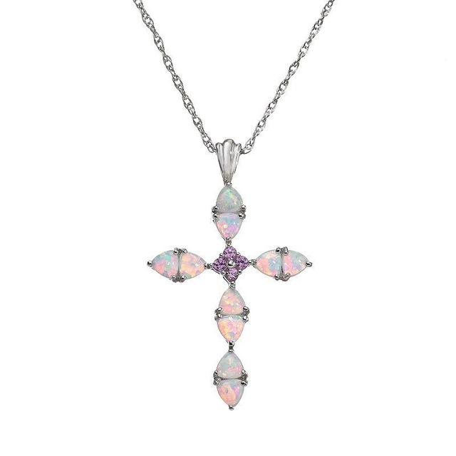 Lab-Created Opal & Lab-Created Pink Sapphire Sterling Silver Cross Pendant Necklace, Womens Product Image